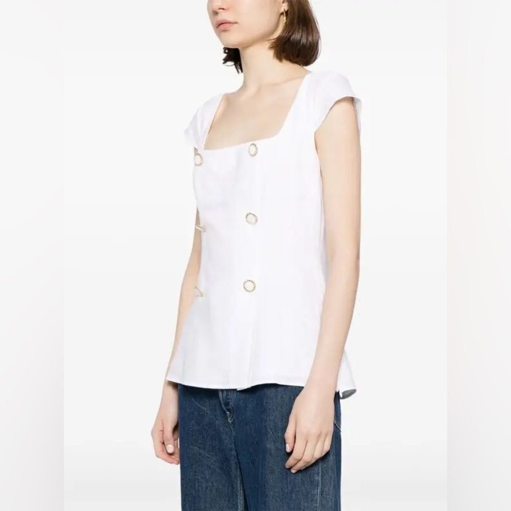 REFORMATION Meela Linen Top White Blouse with Gold Accents Size 2